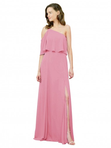 Best Sleeved One Shoulder Chiffon Bridesmaids Dress with Draped Ruffle Overlay
