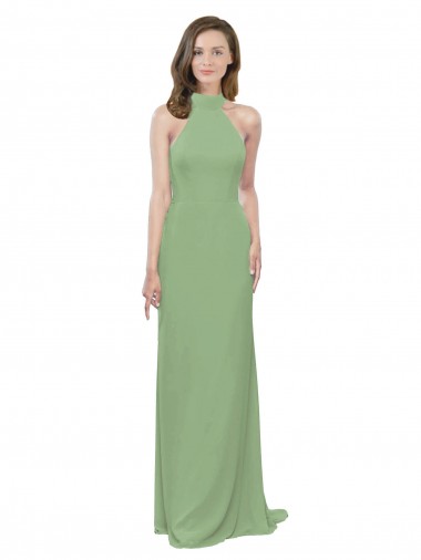 Best High Collar Halter Neck Chiffon Bridesmaid Dress with Long Back Tie