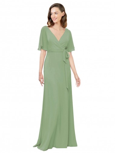 Best Chiffon V-Neckline Wrap Bridesmaids Dress With Double Flutter Sleeve