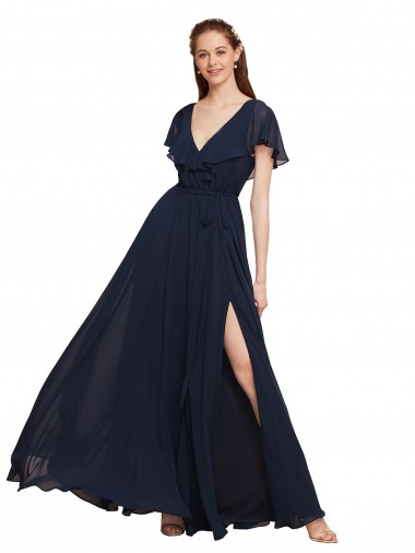 Best Long V-Neck Chiffon Bridesmaid Dress with Slit and V-Back