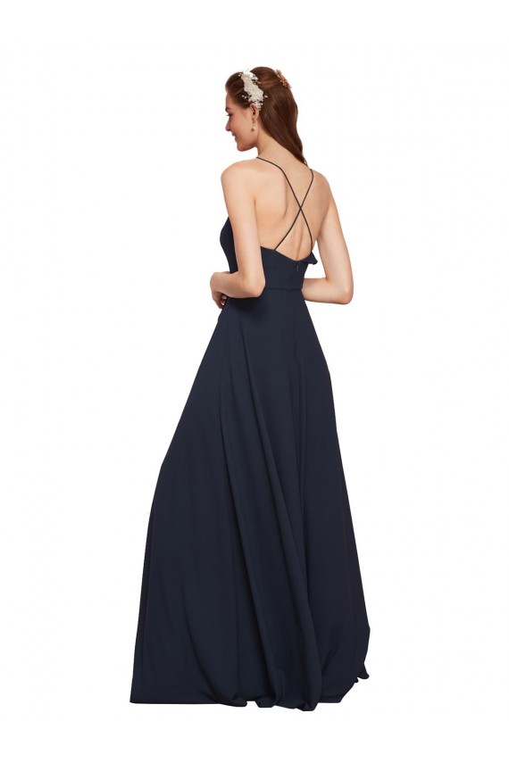 Long Chiffon Bridesmaid Dress with Criss Cross Straps and Ruffles