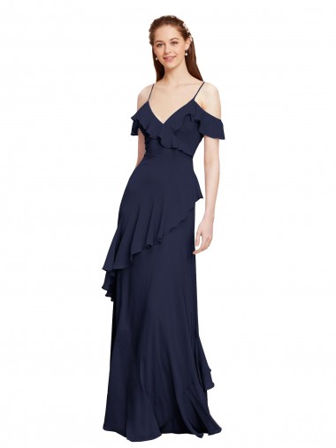 Best Cascading Ruffles Long Chiffon Bridesmaid Dress with Cold Shoulder