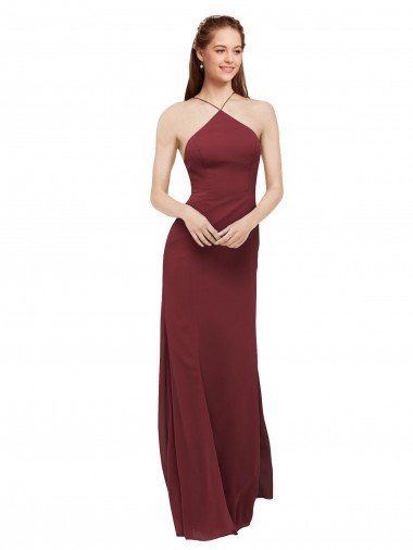 Best High Halter Neck Long Chiffon Bridesmaid Dress with Low Scoop Back