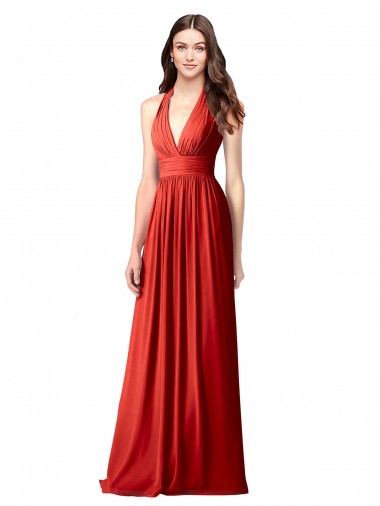 Best Halter V-Neck A-Line Chiffon Bridesmaid Dress with Shirred Skirt