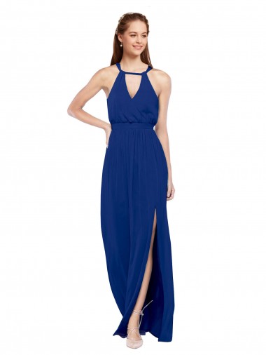 Best High Keyhole Neck Long Chiffon Bridesmaid Dress with Slit