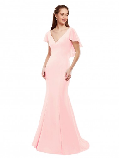 Best Fit and Flare Chiffon Bridesmaid Dress with V-Neck and Flutter Sleeves