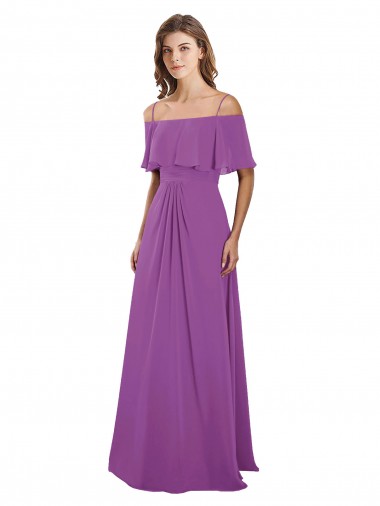Best Draped Off The Shoulder Chiffon Bridesmaid Dress with Spaghetti Straps and Ruffled Neckline