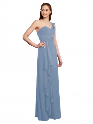 Best Single Shoulder Strap Long Chiffon Bridesmaid Dress with Cascading Ruffles