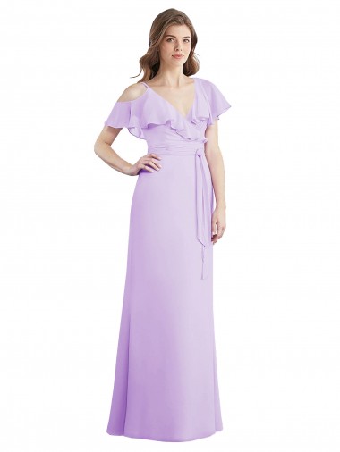 Best Ruffled Neckline Cold Shoulder Long Chiffon Bridesmaid Dress