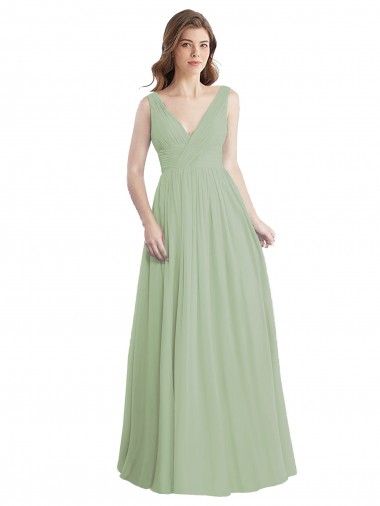 Best V-Neck A-Line Long Chiffon Bridesmaid Dress with Draped Bodice
