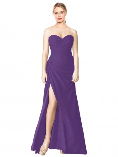 Best Strapless Chiffon Bridesmaid Dress with Pleated Wrap Bodice and Side Slit