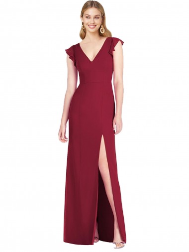 Best Ruffled Sleeves Mermaid Chiffon Bridesmaid Dress with Front Slit