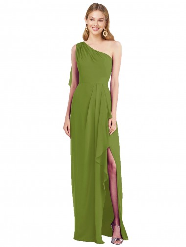 Best One Shoulder Chiffon Bridesmaid Dress with Draped Front Slit