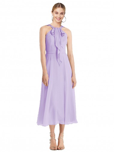 Best Midi Length Halter Plunging V-Back Chiffon Bridesmaid Dress / Cocktail Dress