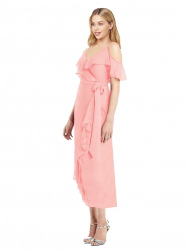 Best Cocktail Wrap Chiffon Bridesmaid Dress with Fluttering Ruffles