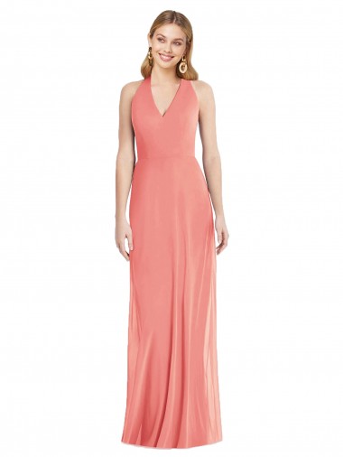 Best V-Neck Halter Chiffon Maxi Formal Bridesmaid Dress Open Back
