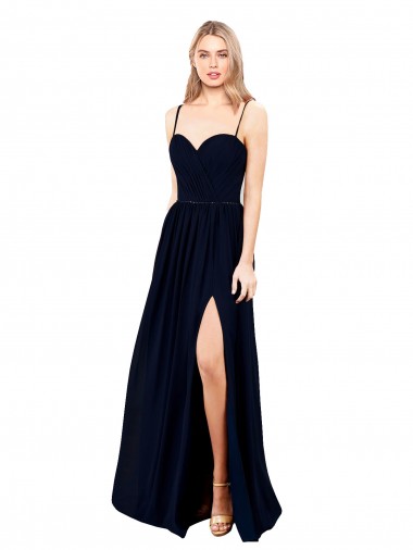 Best Draped A-Line Chiffon Formal Bridesmaid Dress with Spaghetti Straps and High Slit