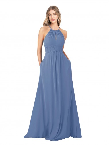 Best Draped High Neck Keyhole Back Bridesmaid Dress with Front Slit