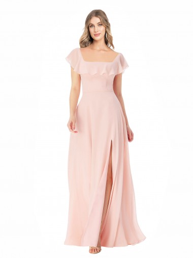 Best Flutter Cap Sleeves Square Neck Ruffle Chiffon Bridesmaid Dress with Pockets