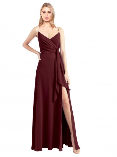 Best Spaghetti Straps V-Neck Long Chiffon Bridesmaid Dress with Side Slit