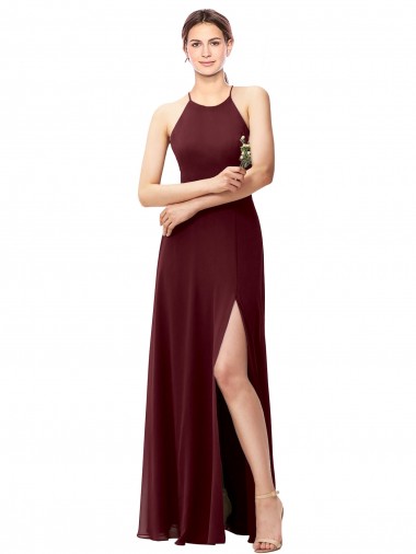 Best Slim Long High Halter Neck Chiffon Bridesmaid Dress with High Side Slit