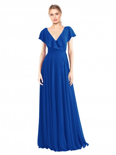Best V-Neck A-Line Flutter Sleeves Long Chiffon Wrap Style Bridesmaid Dress