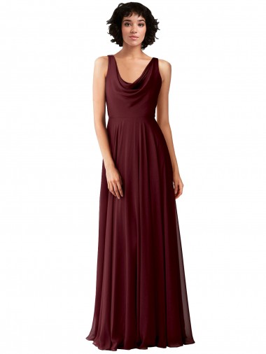 Best Draped Cowl Neck Long Chiffon Bridesmaid Dress with Wide Straps