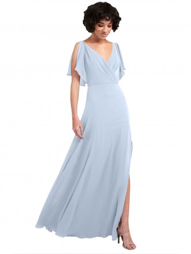 Best Split Flutter Sleeves V-Neck Chiffon Bridesmaid Dress with Open V-Back