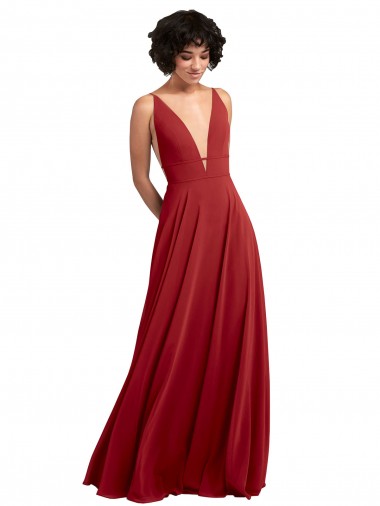 Best Fitted Plunging Deep V-Neck Long Chiffon Bridesmaid Dress with V-Back