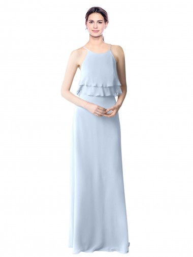 Best High Narrow Neck Long Chiffon Bridesmaid Dress with Tiered Ruffles