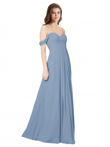 Best Empire Waist Off the Shoulder Chiffon Bridesmaid Dress with Sweetheart Bodice