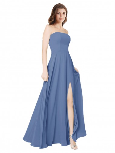 Best Strapless Long Chiffon Bridesmaid Dress with Front Slit