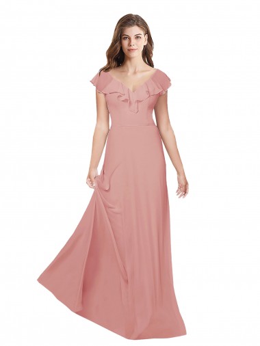 Best Flounced V Neckline Flutter Sleeves Chiffon Bridesmaid Dress
