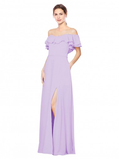 Best Ruffled Off the Shoulder Long Chiffon Bridesmaid Dress with Slit
