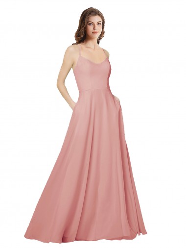 Best Open Back Wide Tie Band Long Chiffon Bridesmaid Dress with Pockets