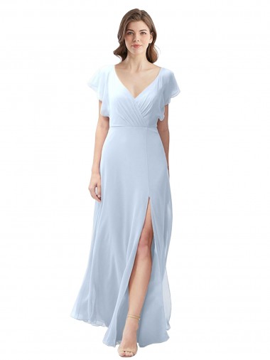 Best Flutter Sleeves Long Chiffon Bridesmaid Dress with Daring Open Back and Side Slit
