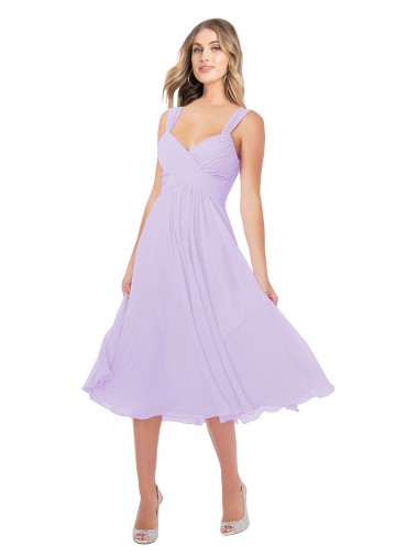 Best Draped Midi Length Chiffon Cocktail Bridesmaid Dress with Ruched Bodice