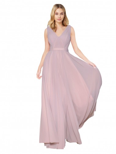 Best Draped V-Neck Long Chiffon Bridesmaid Dress / Formal Prom Dress with Shirred Bodice