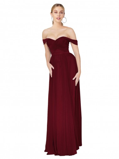 Best Shirred Sweetheat Neckline Off the Shoulder Long Chiffon Bridesmaid Dress / Formal Prom Dress