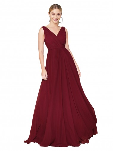 Best Draped A-Line V-Neck Floor Length Chiffon Bridesmaid Dress / Formal Prom Dress