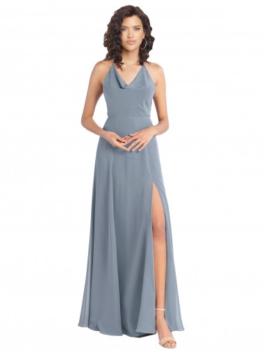 Best Slim A-Line Cowl Neck Long Chiffon Bridesmaid Dress with Side High Slit