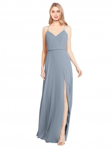Best Spaghetti Straps V-Neckline Long Chiffon Bridesmaid Dress with High Slit