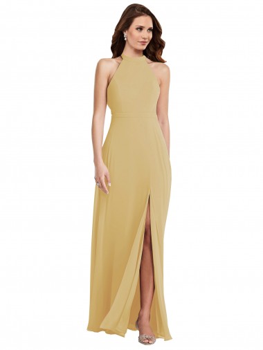 Best Stand Collar Halter Maxi Bridesmaid Dress with Criss Cross Open Back