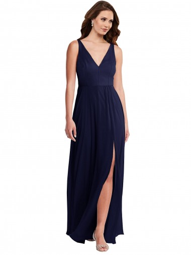 Best Deep V-Neck Chiffon Maxi Bridesmaid Dress with Front Slit