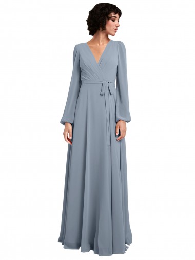 Best Wrap Style Long Sleeves Chiffon Bridesmaid Dress with Pleated Bodice