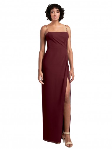 Best Sleek Straight Neckline Chiffon Bridesmaid Dress with Spaghetti Straps and High Side Slit