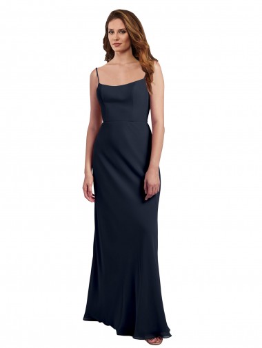 Best Scoop Neck Long Chiffon Open Back Bridesmaid Dress with Spaghetti Straps