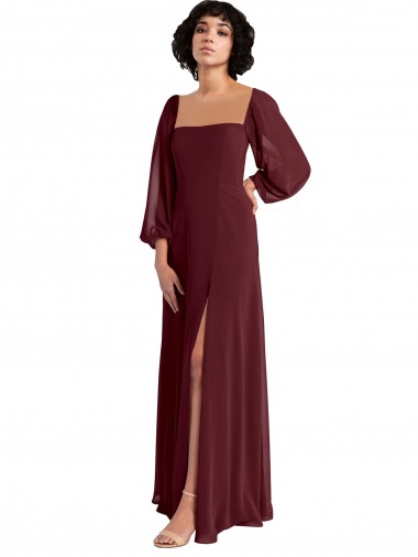 Best Sheer Long Sleeves Chiffon Bridesmaid Dress with High Slit