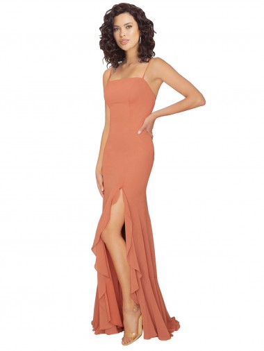 Best Chiffon Square Neck Bridesmaid Dress with Ruffled Skirt Slit