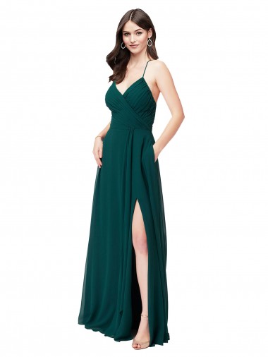 Best Chiffon Bridesmaid Dress with Draped Surplice Bodice & Pockets